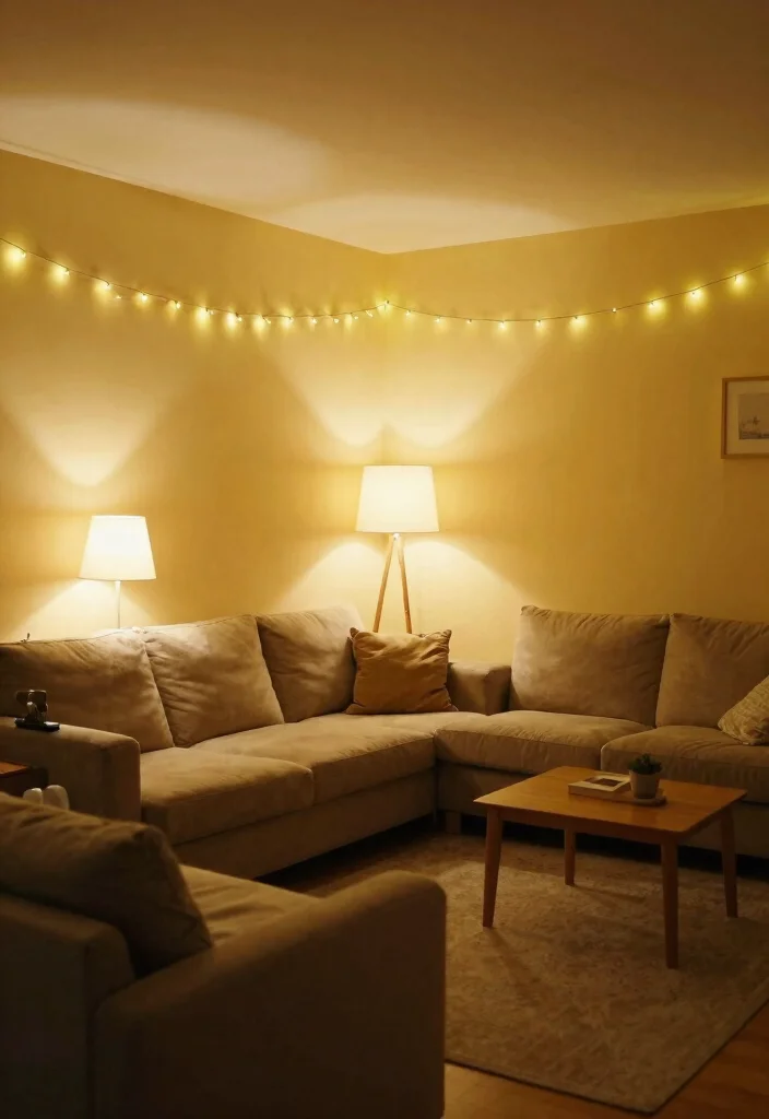 16 Yellow Wall Living Room Ideas: Cheerful Bold Accent - 9. Warm Lighting Effects 1