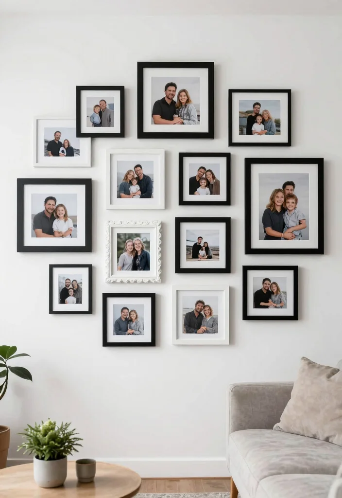 17 Black and White Photo Wall Living Room Ideas Gallery Chic - 1. Gallery Wall with Mixed Frame Styles 1
