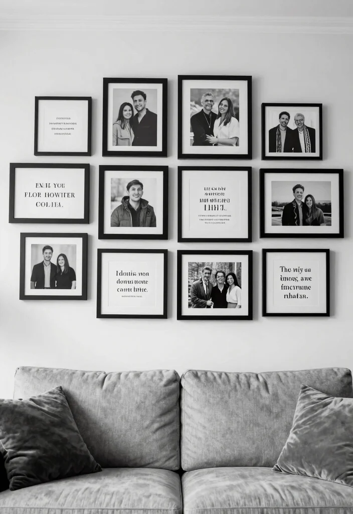 17 Black and White Photo Wall Living Room Ideas Gallery Chic - 10. Framed Quotes with Personal Photos 1