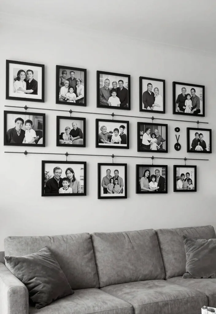 17 Black and White Photo Wall Living Room Ideas Gallery Chic - 11. Black and White Family History Timeline 1