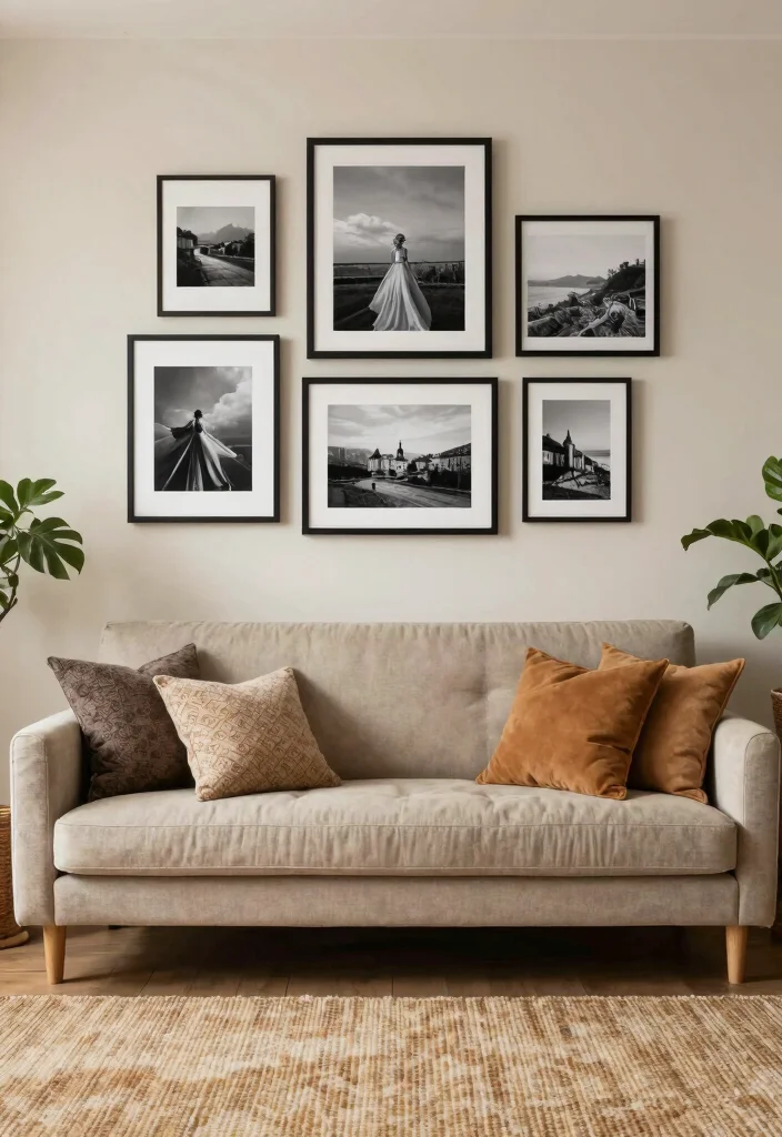 17 Black and White Photo Wall Living Room Ideas Gallery Chic - 13. Layered Art with Black and White Textiles 1