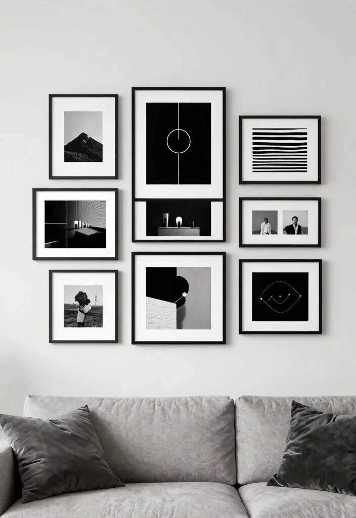 17 Black and White Photo Wall Living Room Ideas Gallery Chic - 14. Minimalist Black and White Art Prints 1