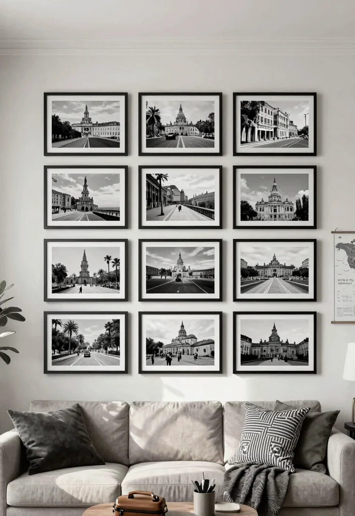17 Black and White Photo Wall Living Room Ideas Gallery Chic - 15. Black and White Travel Memories 1