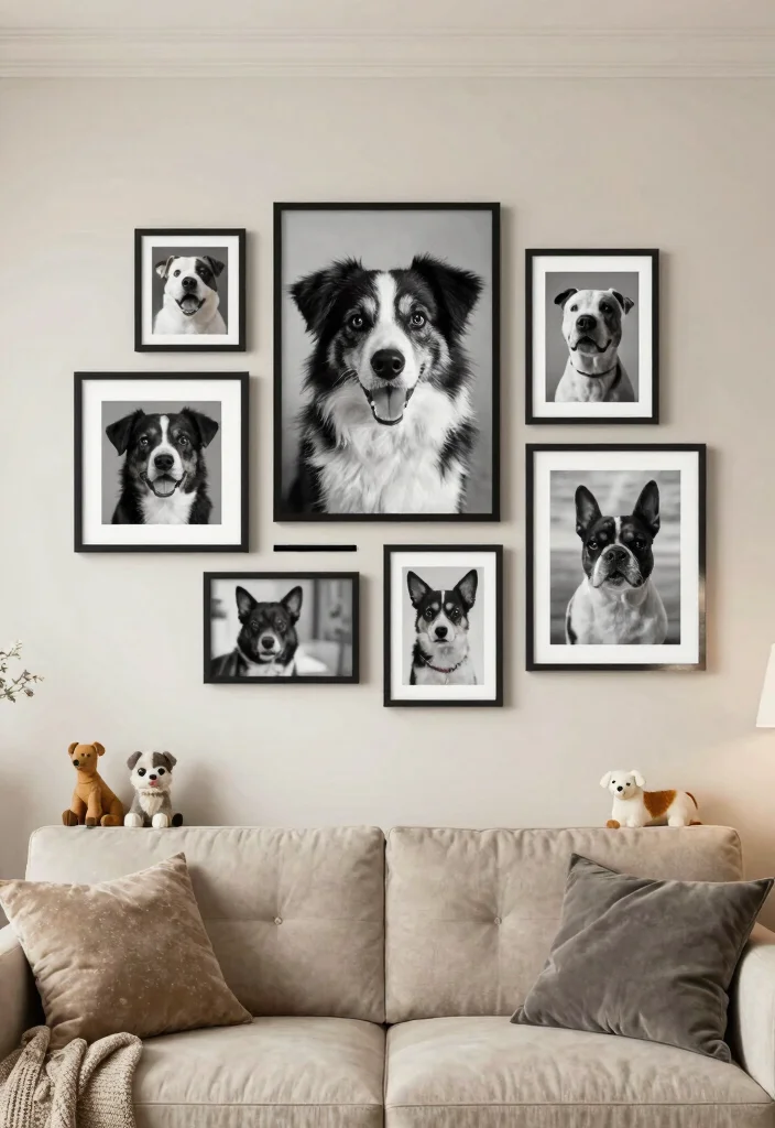 17 Black and White Photo Wall Living Room Ideas Gallery Chic - 16. Black and White Pet Portrait Display 1