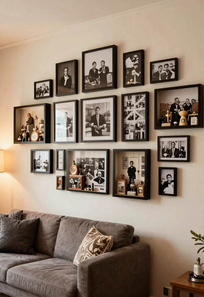 17 Black and White Photo Wall Living Room Ideas Gallery Chic - 17. Black and White Shadow Boxes 1