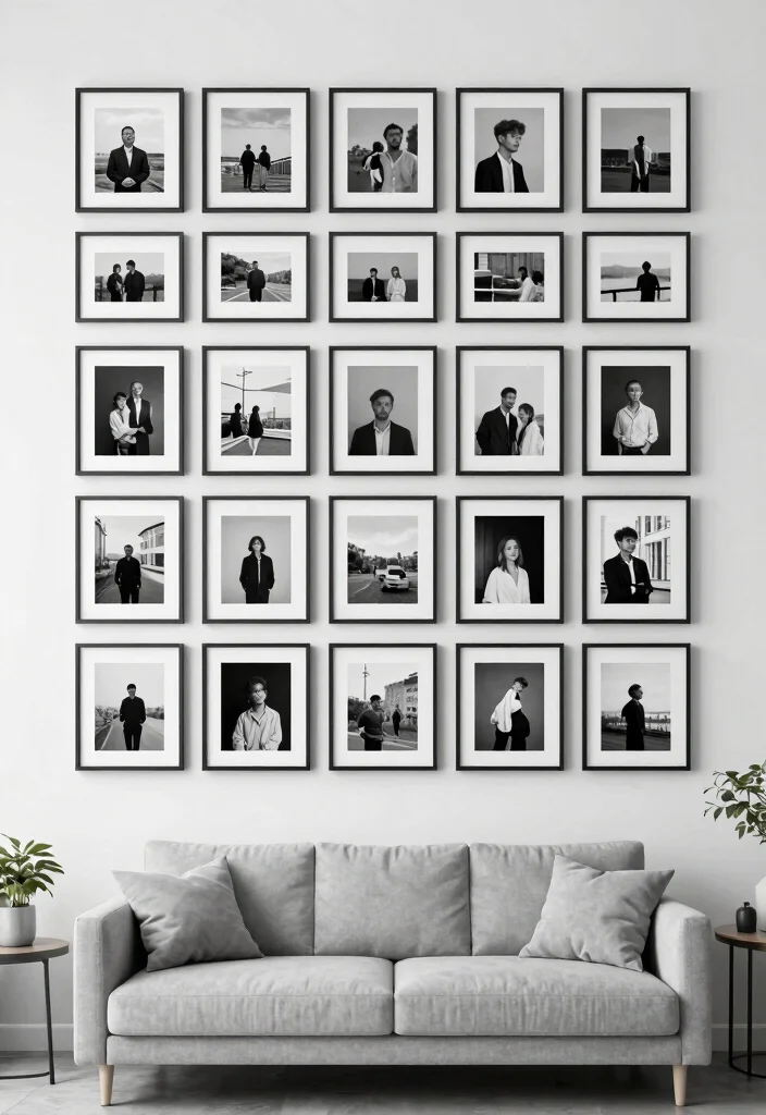 17 Black and White Photo Wall Living Room Ideas Gallery Chic - 3. Grid Layout with Uniform Frames 1