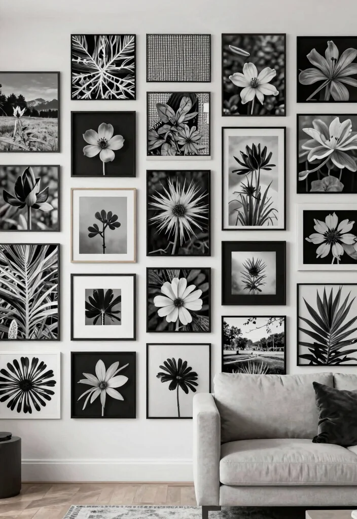 17 Black and White Photo Wall Living Room Ideas Gallery Chic - 4. Monochrome Themed Collage 1