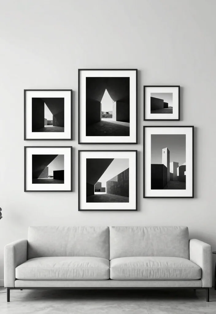 17 Black and White Photo Wall Living Room Ideas Gallery Chic - 5. Minimalist Lines and Angles 1