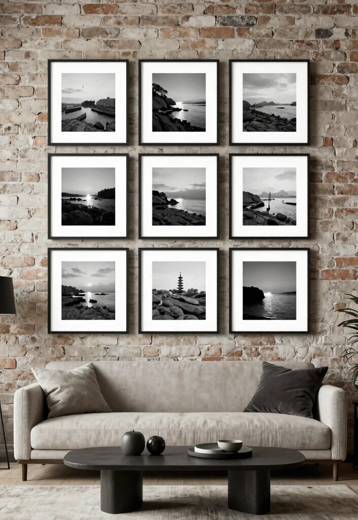 17 Black and White Photo Wall Living Room Ideas Gallery Chic - 9. Black and White Photo Grid with Textured Backdrop 1