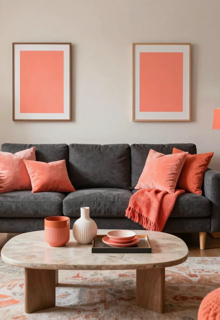 17 Charcoal Sofa Living Room Color Palettes: Moody Chic - 11. Vibrant Coral Accents 1