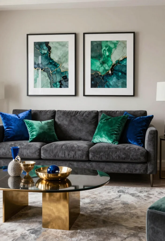 17 Charcoal Sofa Living Room Color Palettes: Moody Chic - 12. Jewel Tones for a Glamorous Touch 1