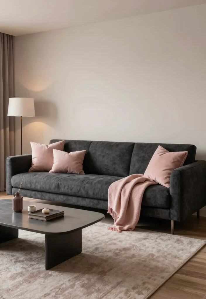 17 Charcoal Sofa Living Room Color Palettes: Moody Chic - 17. Blush and Charcoal Fusion 1