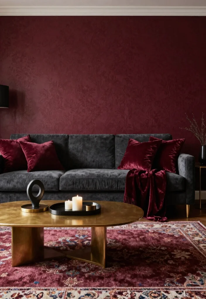 17 Charcoal Sofa Living Room Color Palettes: Moody Chic - 2. Rich Burgundy Accents 1
