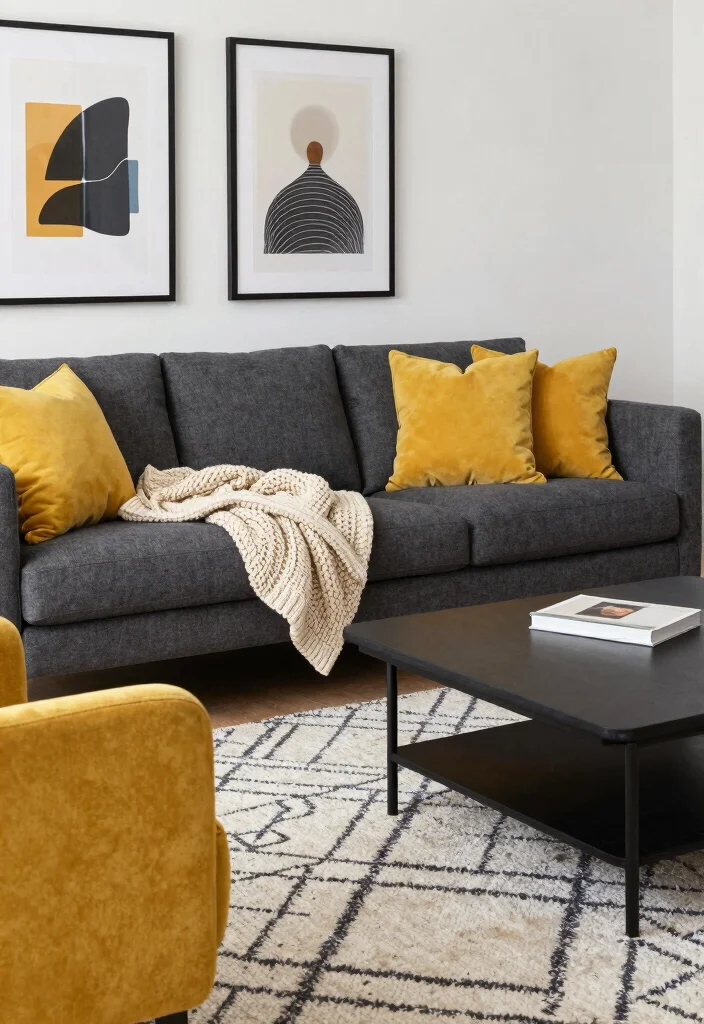 17 Charcoal Sofa Living Room Color Palettes: Moody Chic - 4. Mustard Yellow Highlights 1