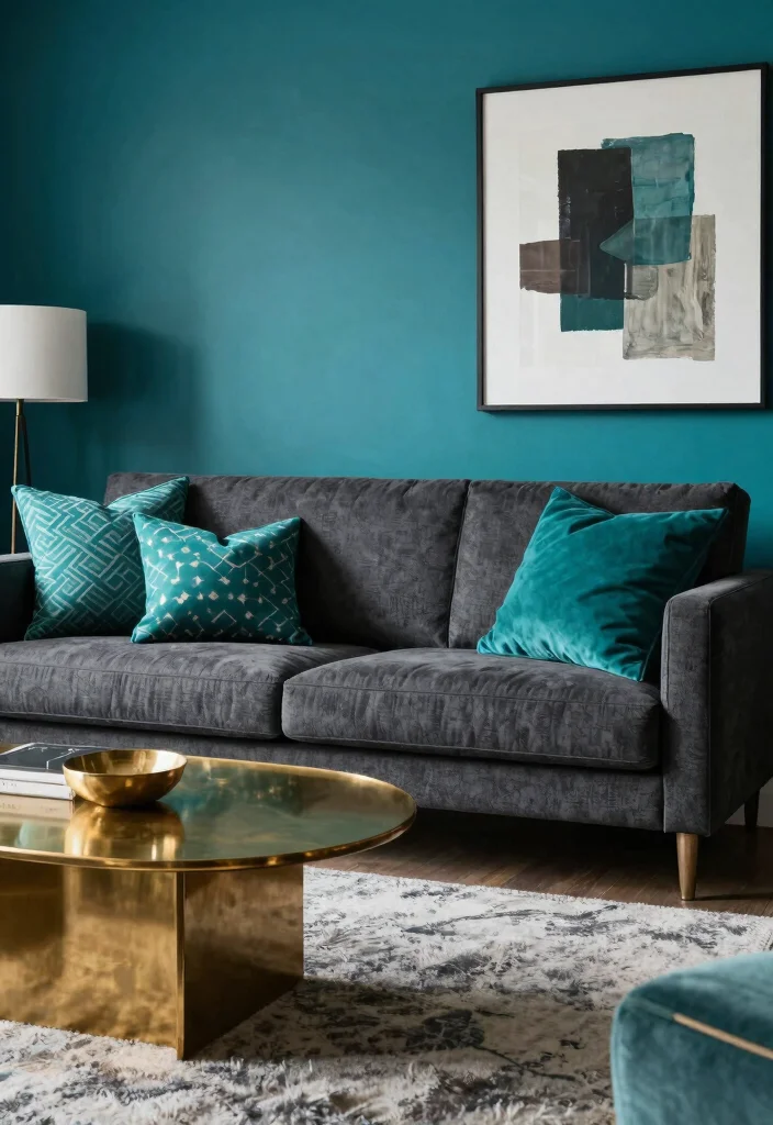 17 Charcoal Sofa Living Room Color Palettes: Moody Chic - 6. Bold Teal and Charcoal 1