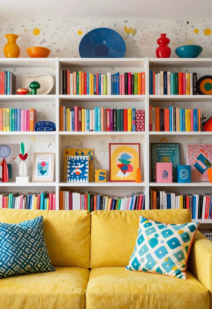 17 Full Wall Bookshelf Living Room Ideas: Library Chic - 14. Playful Patterns and Prints 1