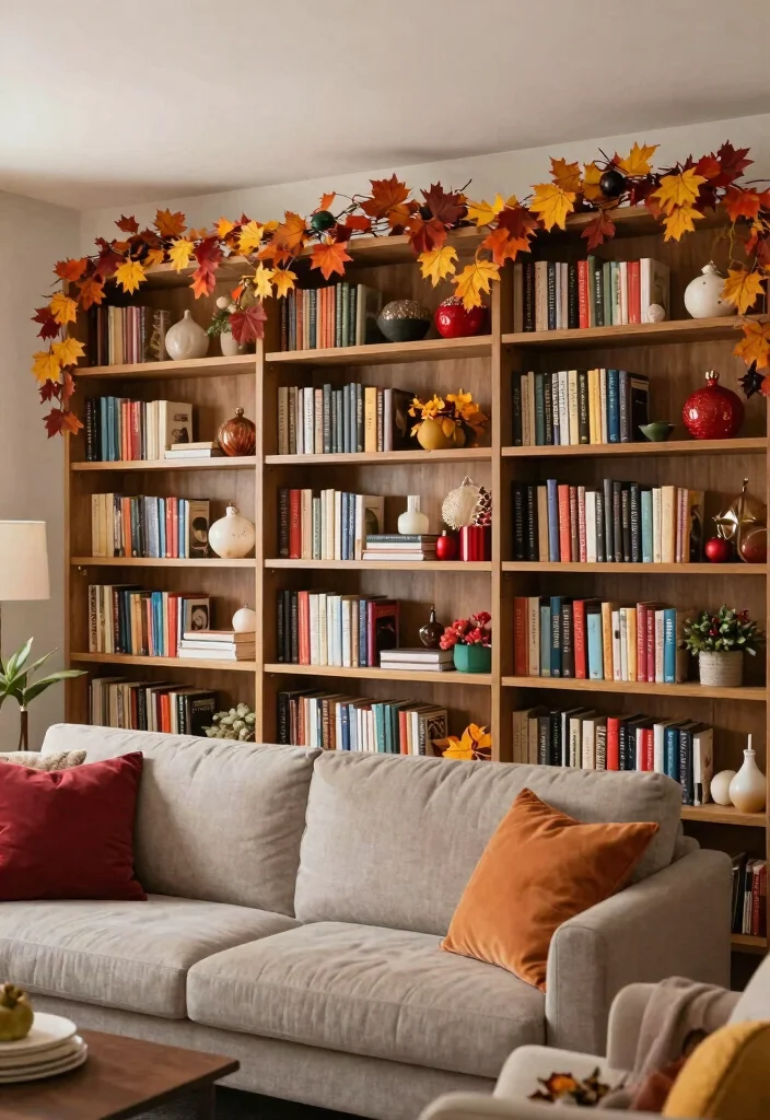 17 Full Wall Bookshelf Living Room Ideas: Library Chic - 17. Seasonal Decor Integration 1