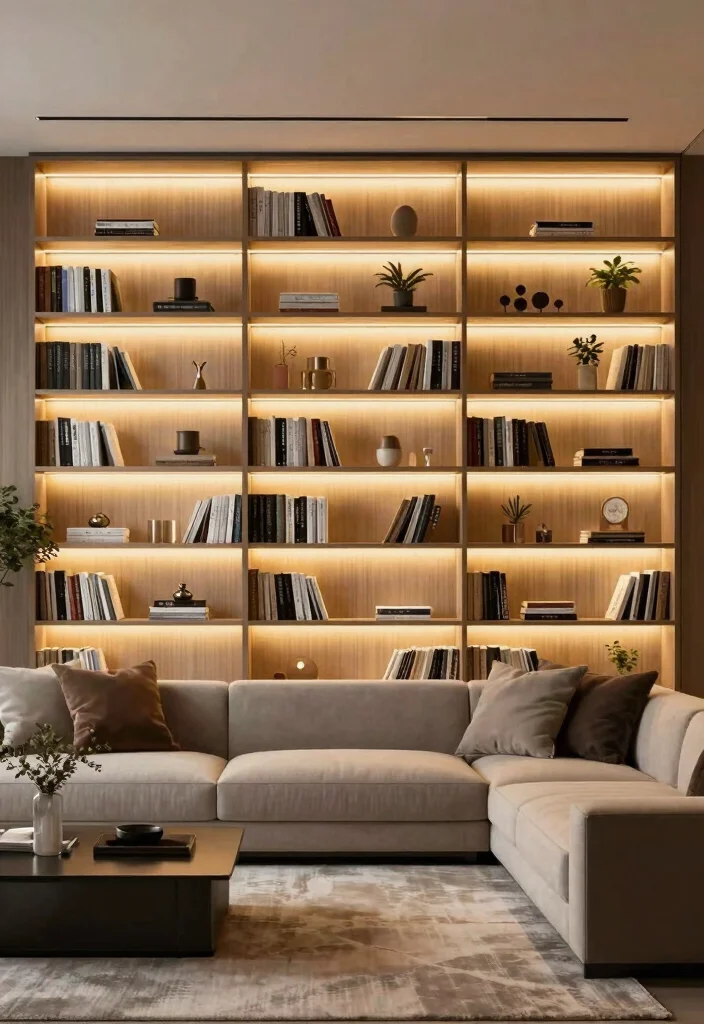 17 Full Wall Bookshelf Living Room Ideas: Library Chic - 4. Integrated Lighting Features 1