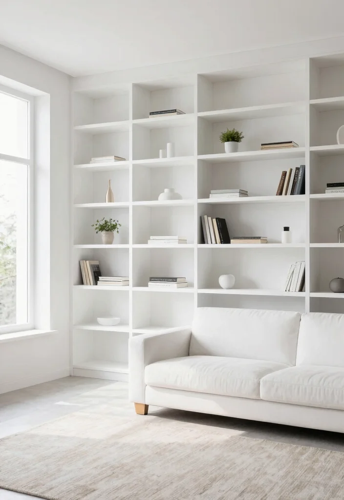 17 Full Wall Bookshelf Living Room Ideas: Library Chic - 6. Minimalist White Shelving 1