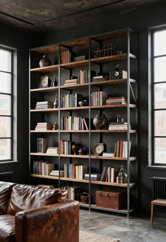 17 Full Wall Bookshelf Living Room Ideas: Library Chic - 7. Industrial Edge 1