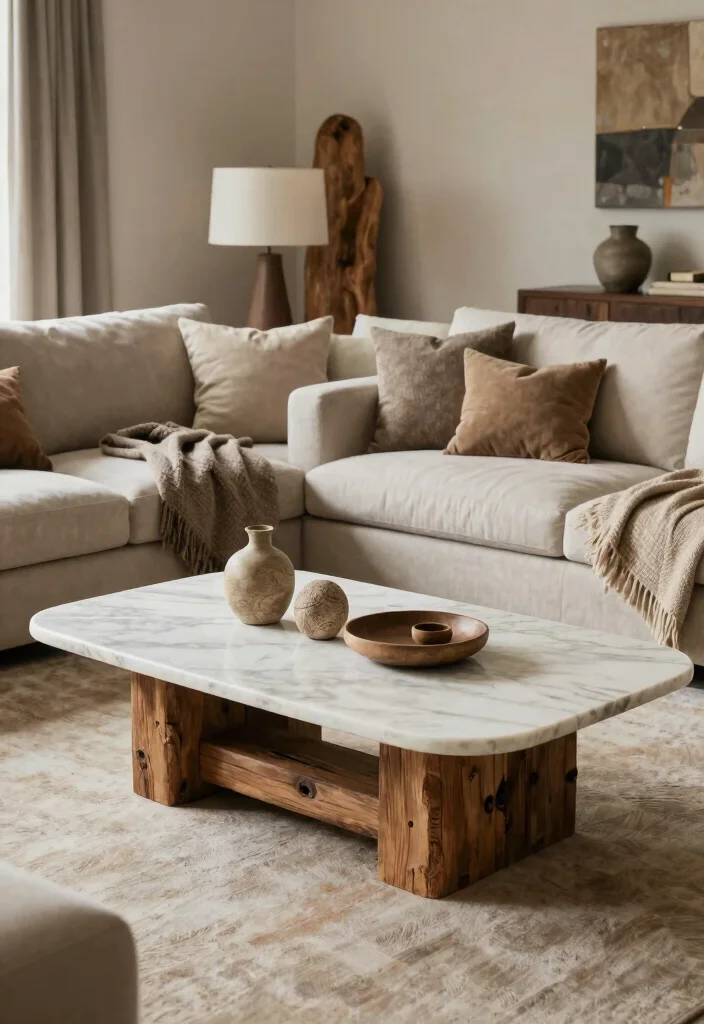 17 Marble Coffee Table Living Room Ideas Timeless Elegance - 10. Modern Rustic Blend 1