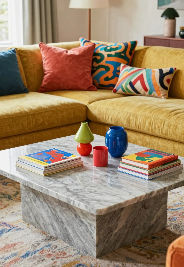 17 Marble Coffee Table Living Room Ideas Timeless Elegance - 11. Vibrant Color Accents 1