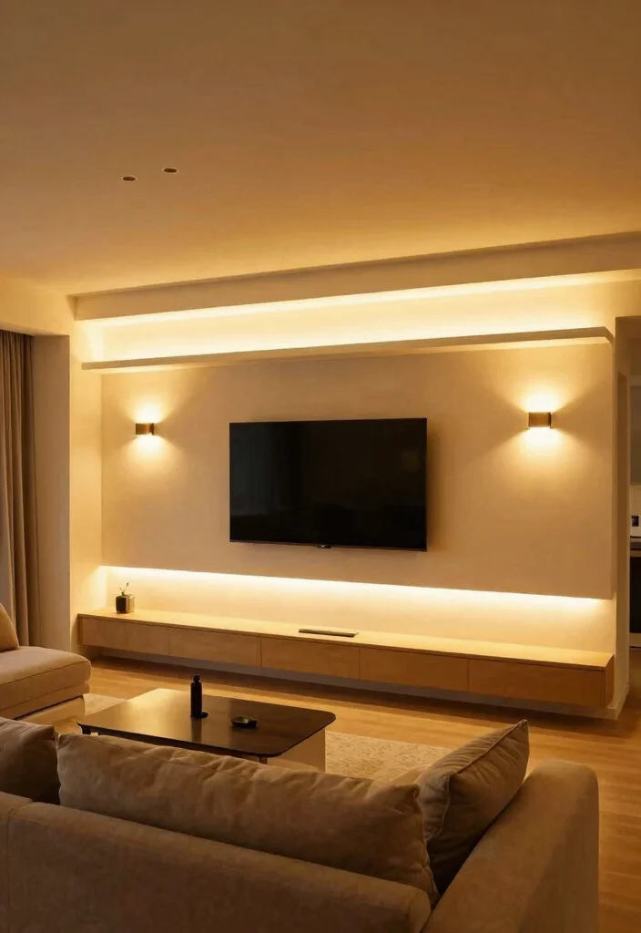 17 Media Walls Living Room Ideas: TV Wall Perfection - 14. Layered Lighting Effects 1