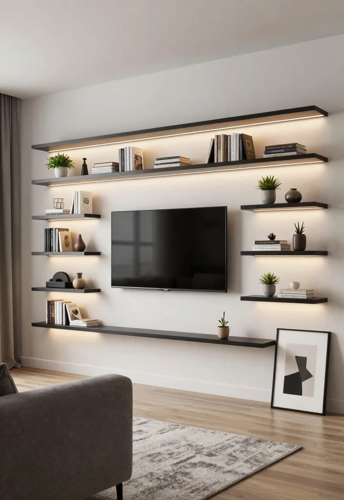 17 Media Walls Living Room Ideas: TV Wall Perfection - 4. Floating Shelves for Versatility 1