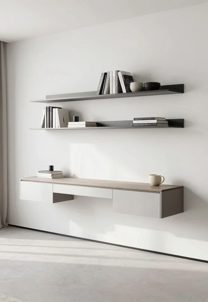 17 No Rug Living Room Ideas for a Clean Minimal Aesthetic - 17. Wall-Mounted Furniture 1