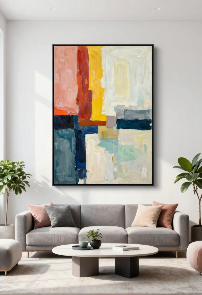 17 No Rug Living Room Ideas for a Clean Minimal Aesthetic - 2. Use Large Scale Art 1