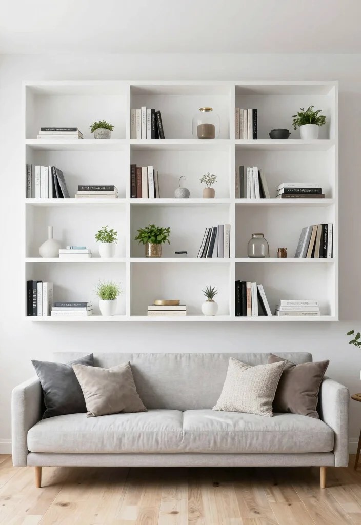 17 No Rug Living Room Ideas for a Clean Minimal Aesthetic - 3. Open Shelving Displays 1