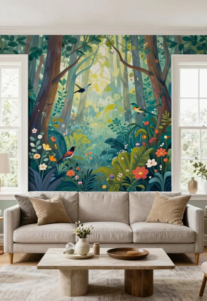 18 Accent Walls Living Room Ideas: Bold Design Statements - 12. Mural Accents for Artistic Expression 1