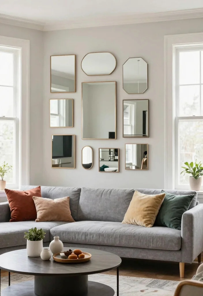 18 Accent Walls Living Room Ideas: Bold Design Statements - 9. Mirror Accents for Light Reflection 1