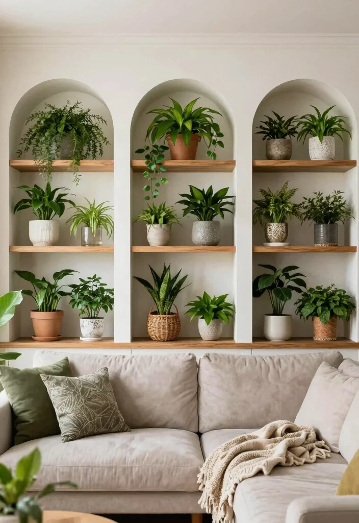 18 Arched Built Ins Living Room Ideas Architectural Beauty - 11. Incorporating Plants for a Natural Touch 1