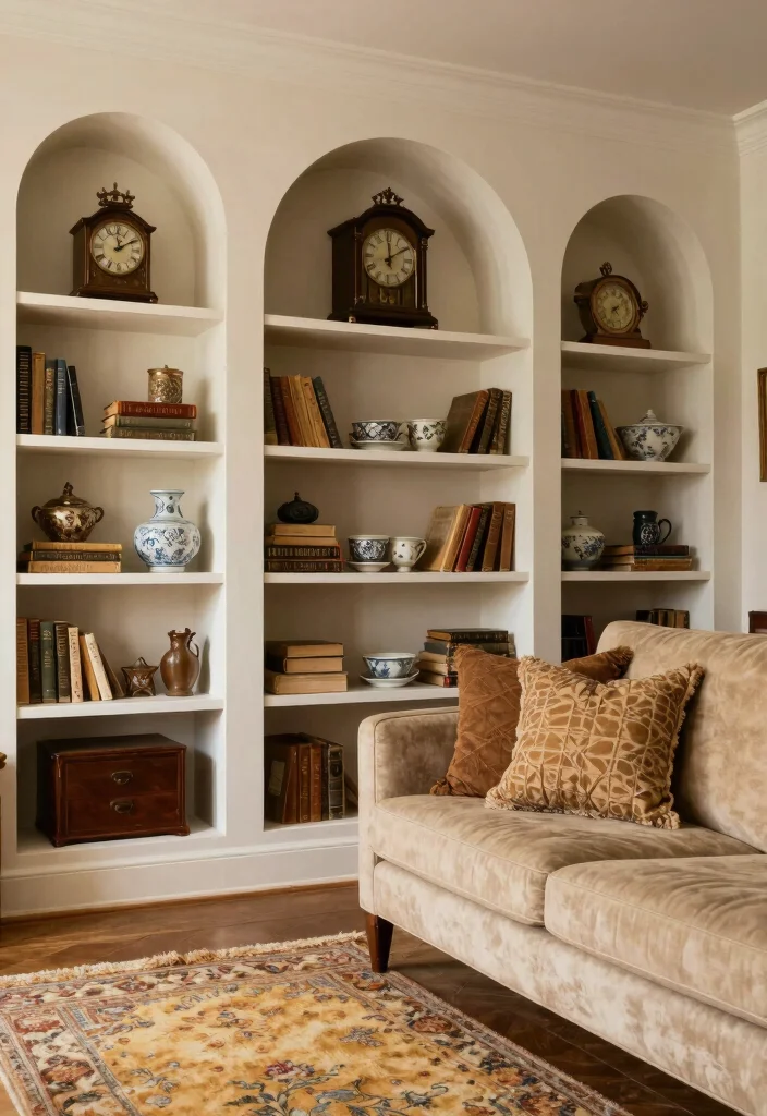 18 Arched Built Ins Living Room Ideas Architectural Beauty - 15. Vintage Finds for Authentic Character 1