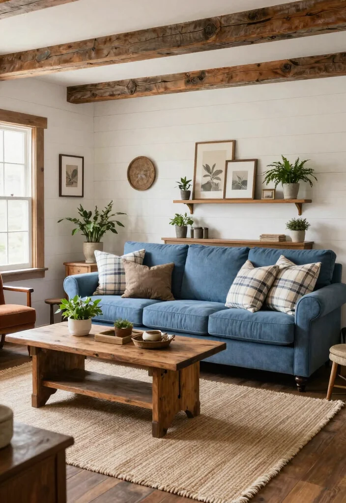 18 Blue Sofa Living Room Colour Schemes: Fresh Stylish Palettes - 10. Rustic Farmhouse Feel 1