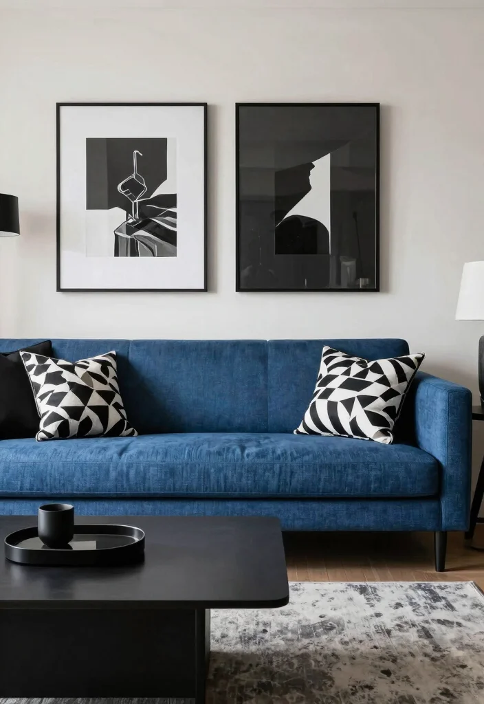18 Blue Sofa Living Room Colour Schemes: Fresh Stylish Palettes - 14. Chic Black and Blue 1