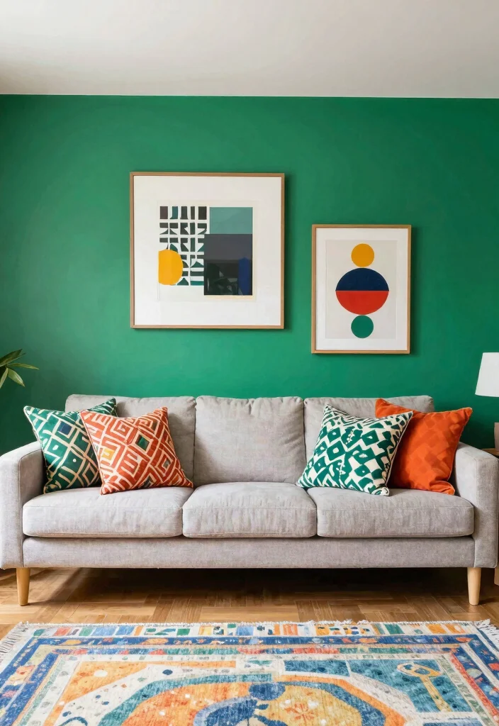 18 Emerald Green Accent Wall Living Room Ideas Rich Drama - 10. Play with Patterns and Prints 1