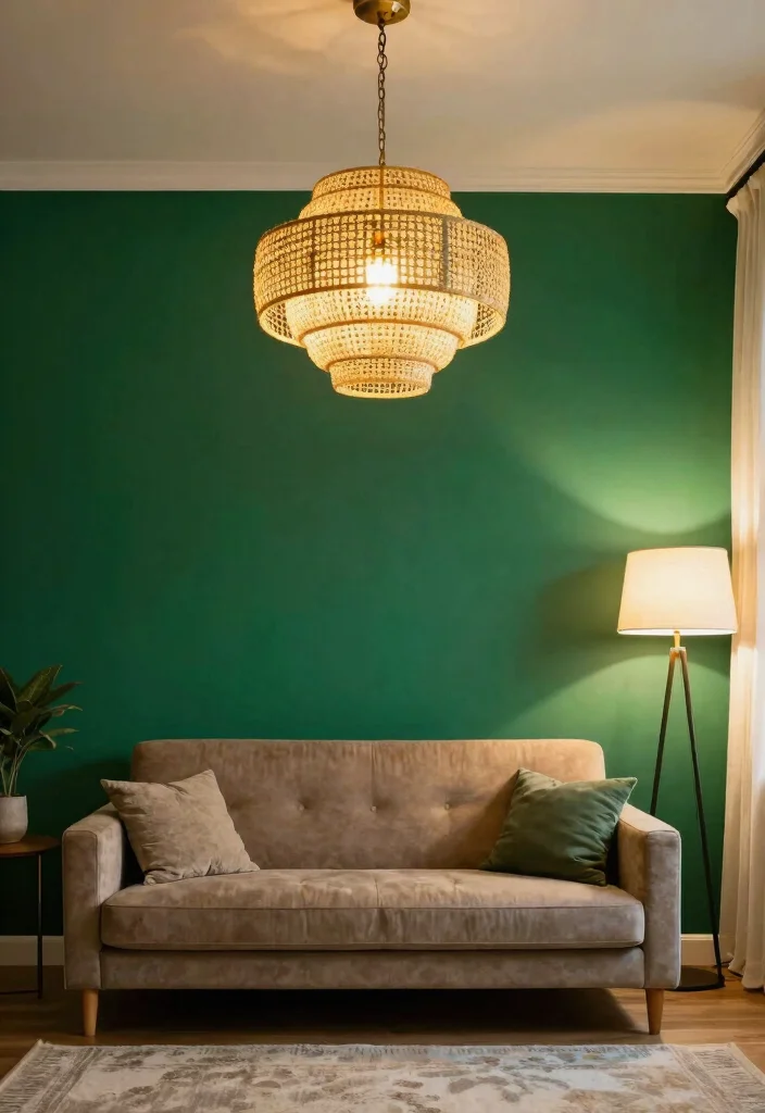 18 Emerald Green Accent Wall Living Room Ideas Rich Drama - 12. Opt for Bold Lighting Fixtures 1