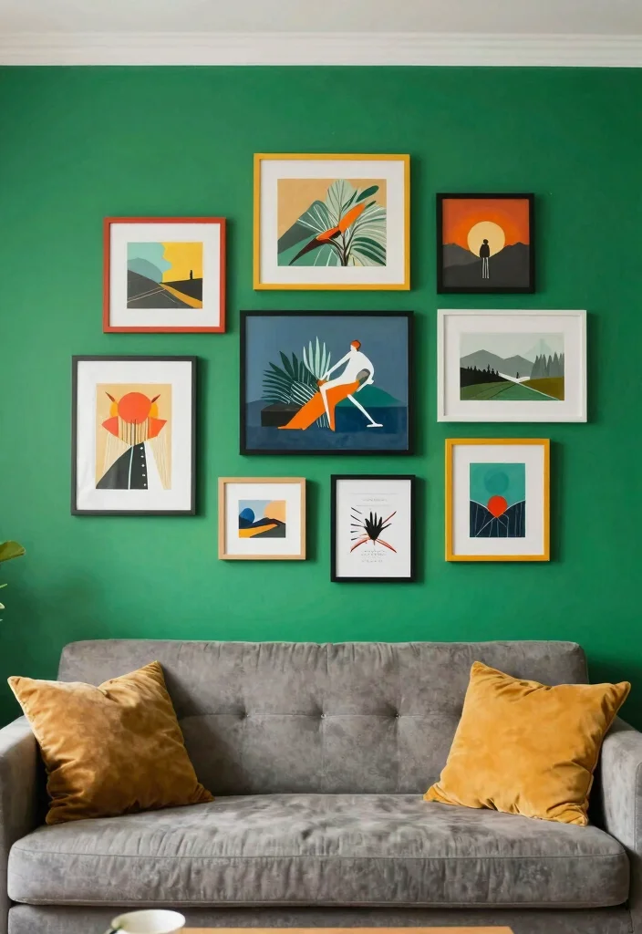 18 Emerald Green Accent Wall Living Room Ideas Rich Drama - 13. Create a Gallery Wall 1