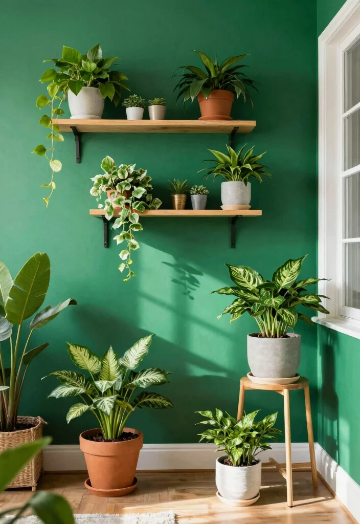 18 Emerald Green Accent Wall Living Room Ideas Rich Drama - 4. Incorporate Nature with Indoor Plants 1