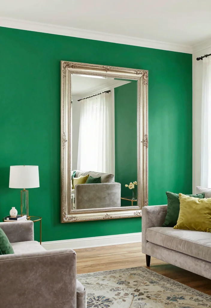 18 Emerald Green Accent Wall Living Room Ideas Rich Drama - 6. Use Mirrors to Reflect Light 1