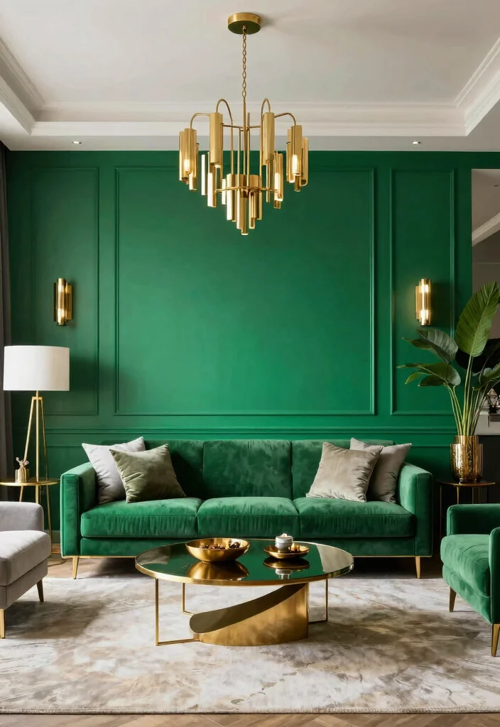 18 Emerald Green Accent Wall Living Room Ideas Rich Drama - 8. Pair with Metallic Accents 1