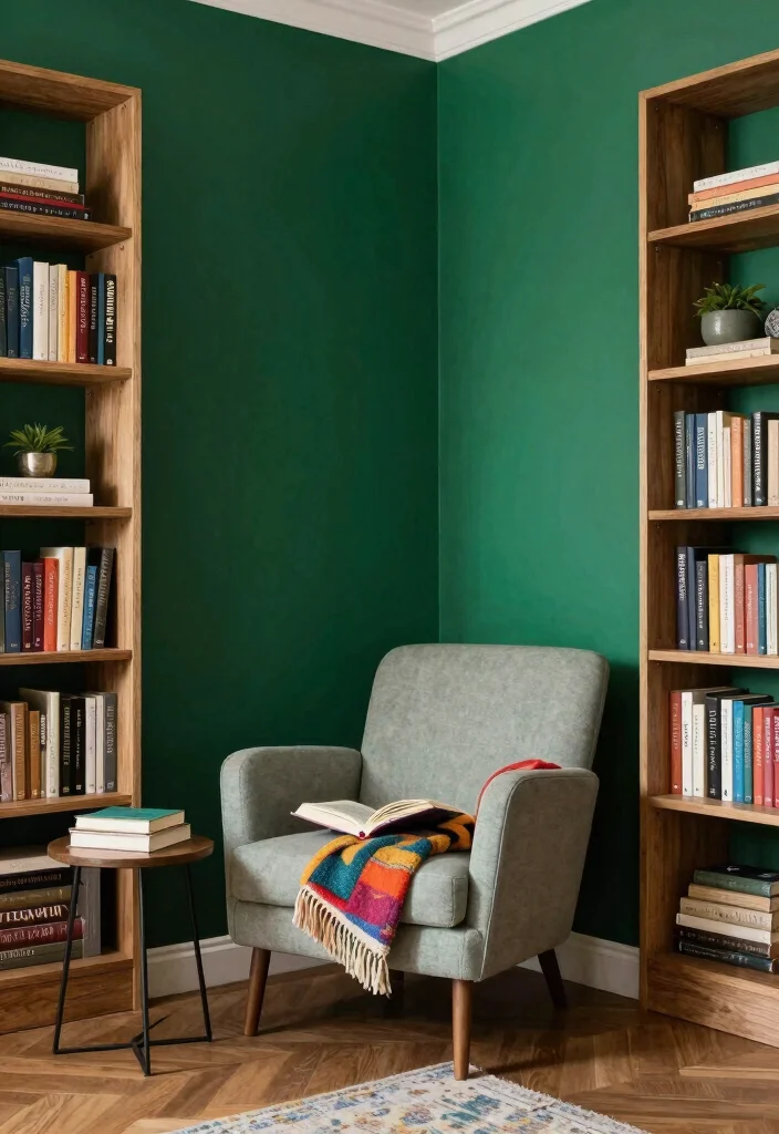 18 Emerald Green Accent Wall Living Room Ideas Rich Drama - 9. Create a Cozy Reading Nook 1
