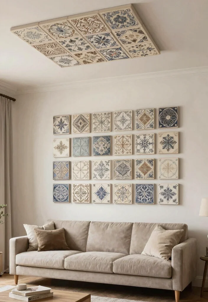 18 Large Living Room Wall Decor Ideas Fill Big Spaces Right - 16. Decorative Ceiling Tiles as Wall Art 1