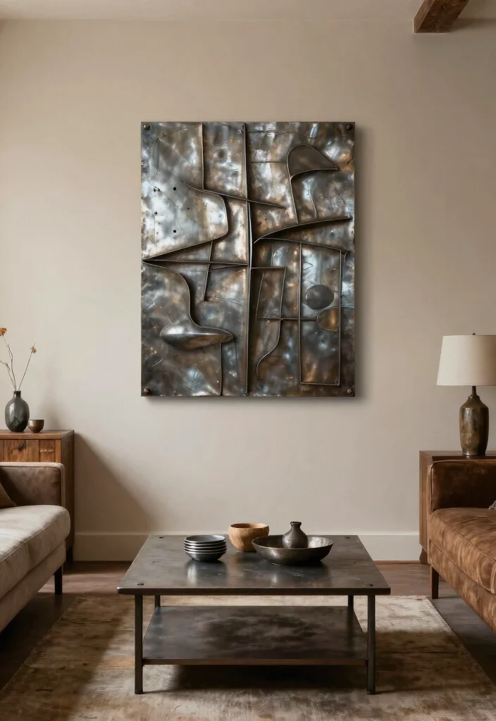 18 Large Living Room Wall Decor Ideas Fill Big Spaces Right - 6. Metal Wall Art for Industrial Touch 1