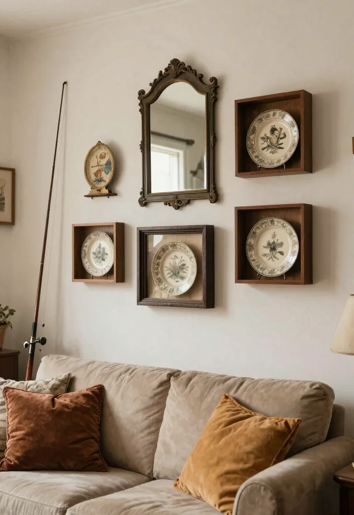 18 Large Living Room Wall Decor Ideas Fill Big Spaces Right - 8. Vintage Collectibles Display 1