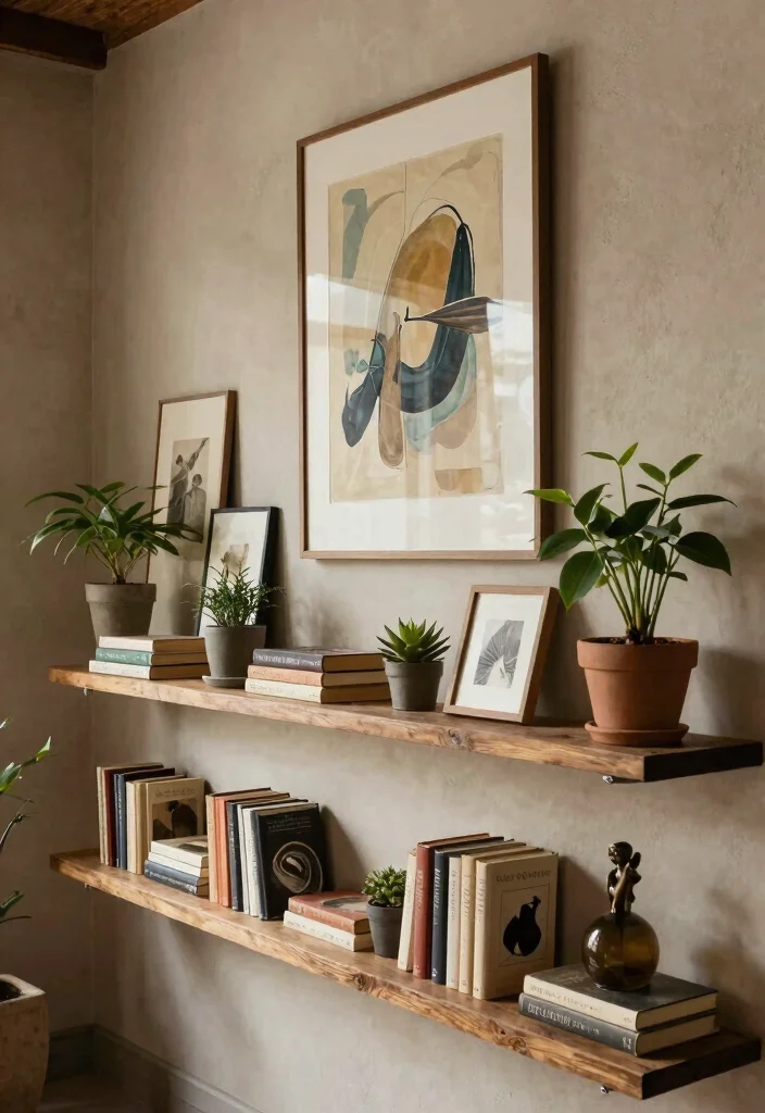 18 Large Living Room Wall Decor Ideas Fill Big Spaces Right - 9. Decorative Shelving with Art 1