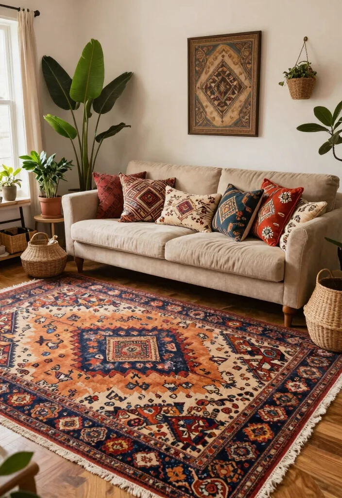 18 Layered Rugs Living Room Ideas for Cozy Vibes - 10. Vintage Bohemian Vibes 1