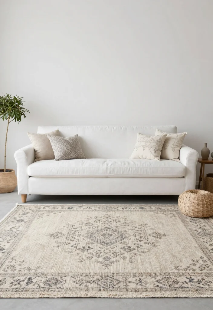 18 Layered Rugs Living Room Ideas for Cozy Vibes - 15. Minimalism Meets Bohemian 1